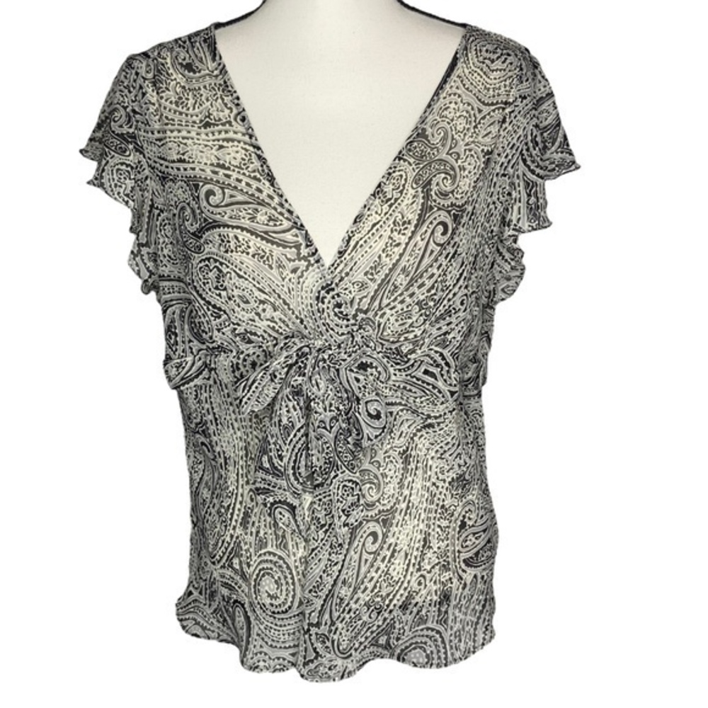 Apt 9 Sheer Blouse Top Black‎ Gray White Paisley Print V Neck Flutter Sleeve